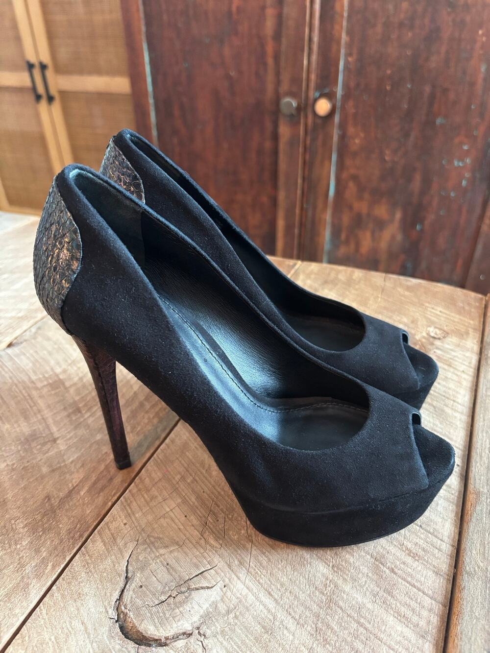 BRIAN ATWOOD Black Suede Blayne Platform Heels Peep Toe — SIZE 7 M